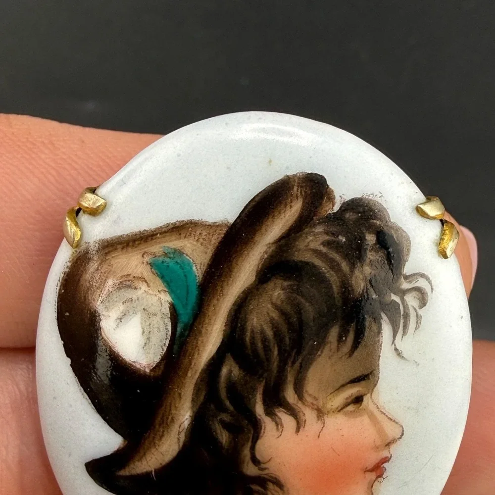 Vintage Victorian Hand Painted Porcelain Brooch Little Girl With Hat